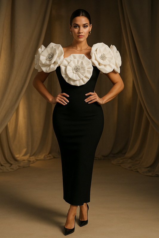 Luxury Strapless Bandage Evening Dress – White 3D Floral Elegant Long Gown