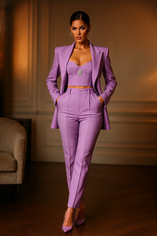 Boss Chics 3-Piece Business Suit – Elegant Asymmetric Ruffle Hem Double-Breasted Office Set